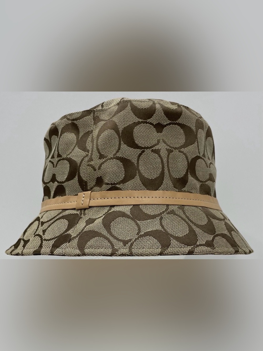 Coach Signature Monogram Canvas Bucket Hat Khaki Tan Brown Leather Petite Small